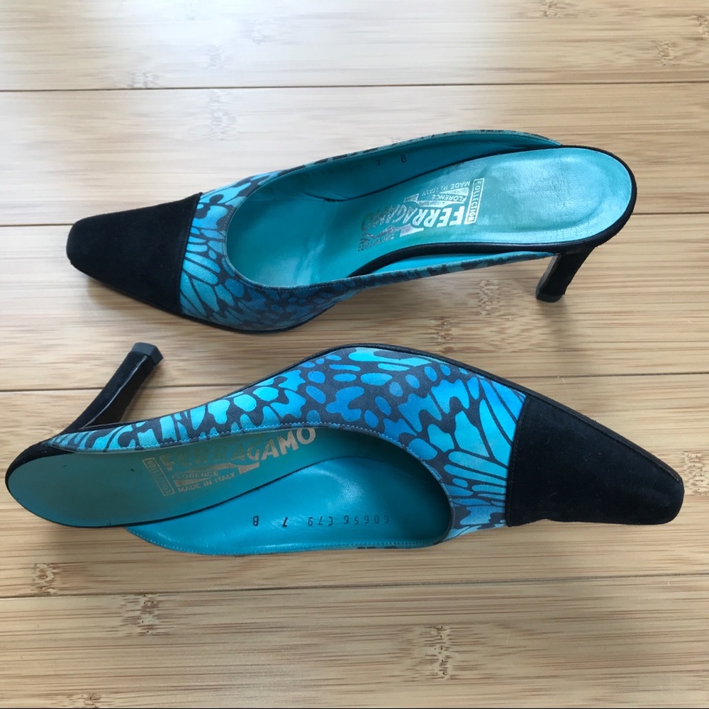 Salvatore Ferragamo Suede Leather Mules Sandals Blue Black Size 7M 🦋 - Picture 2 of 9